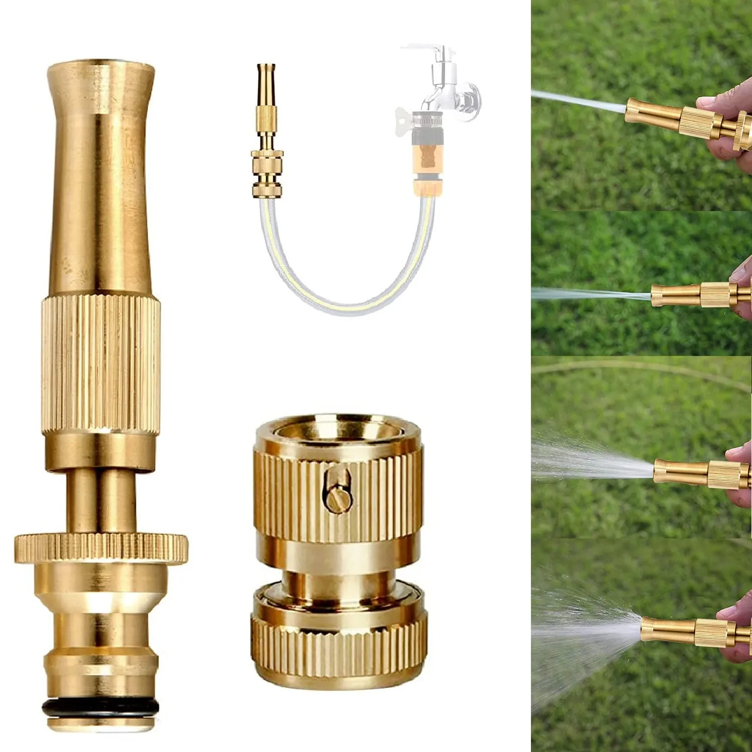 Allextreme Pure Brass Water Spray Gun Nozzle Heavy Duty 1/2" Hose Pipe Jet Adjustable Pressure Washer for Car & Motorbike Washing (Brass, 1 Nozzle & Removable Connector)