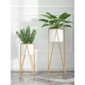 AMASS HANDICRAFTS® Planters for Indoor Plants Metal Planters with Stands & Indoor Plant Pots for Indoor Plants & Mid Century Plant Stands with Pots & Plant Pots Indoor Planter Set of 2 (White)