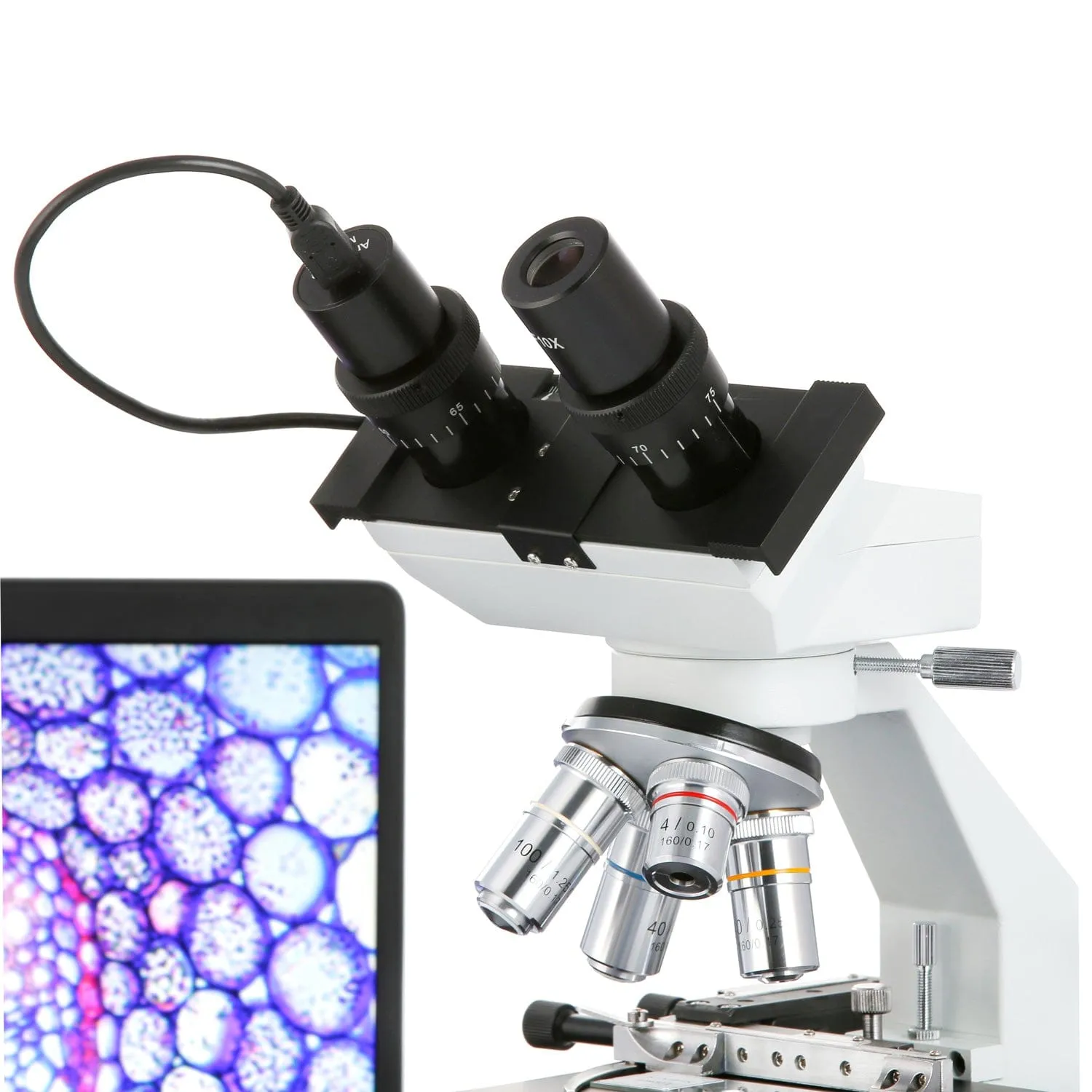 AmScope B100 Series Biological Binocular Compound Microscope 40X-1000X Magnification with LED, Mech. Stage, Slide Making Kit   Optional Digital Camera and Book