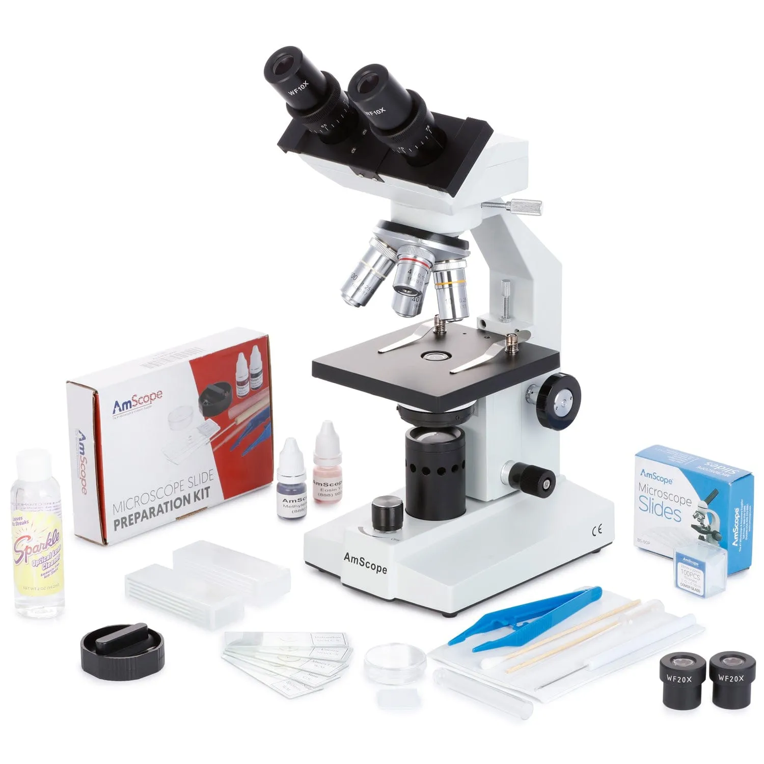 AmScope B100 Series Biological Binocular Compound Microscope 40X-1000X Magnification with LED, Slide Making Kit   Optional Digital Camera and Book