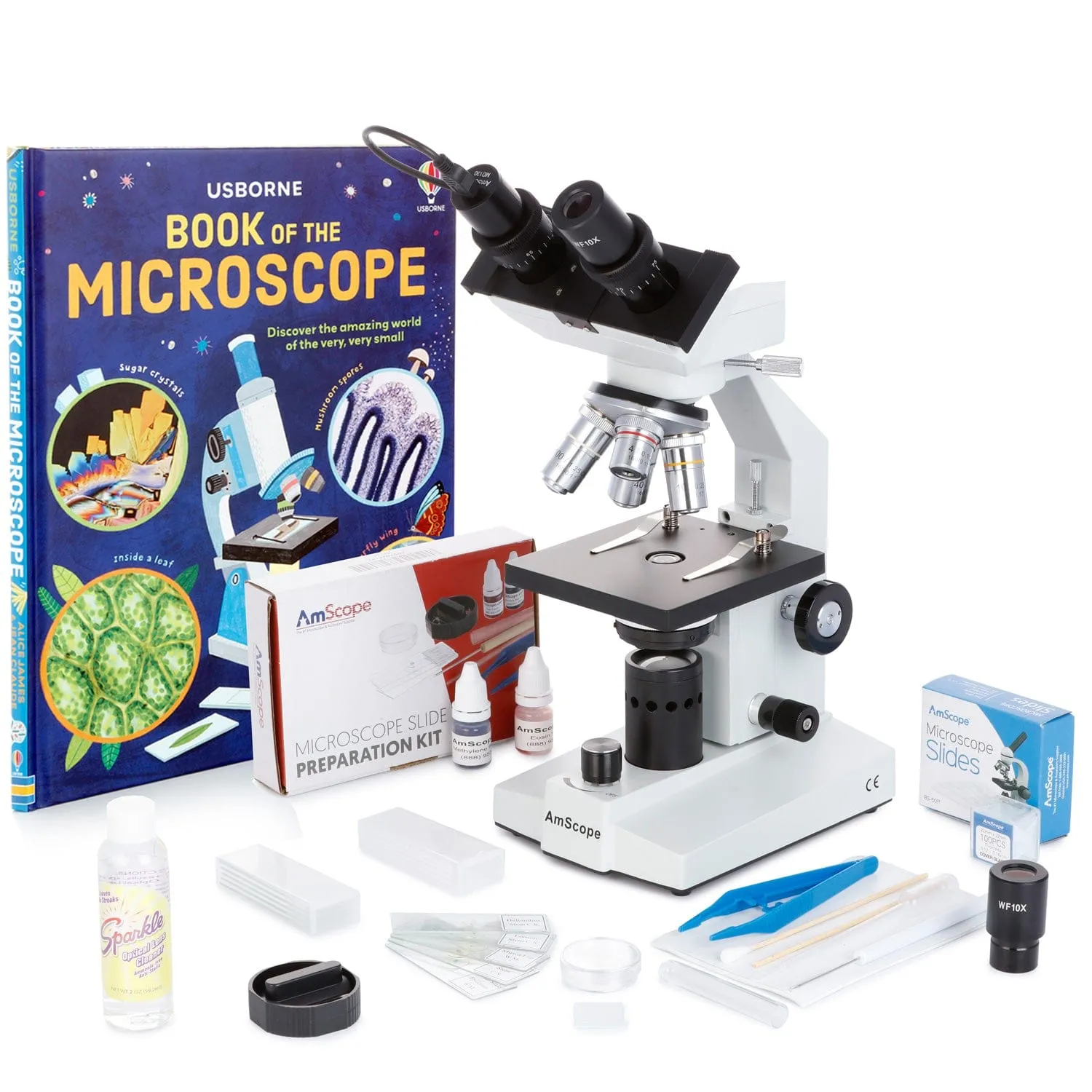 AmScope B100 Series Biological Binocular Compound Microscope 40X-1000X Magnification with LED, Slide Making Kit   Optional Digital Camera and Book