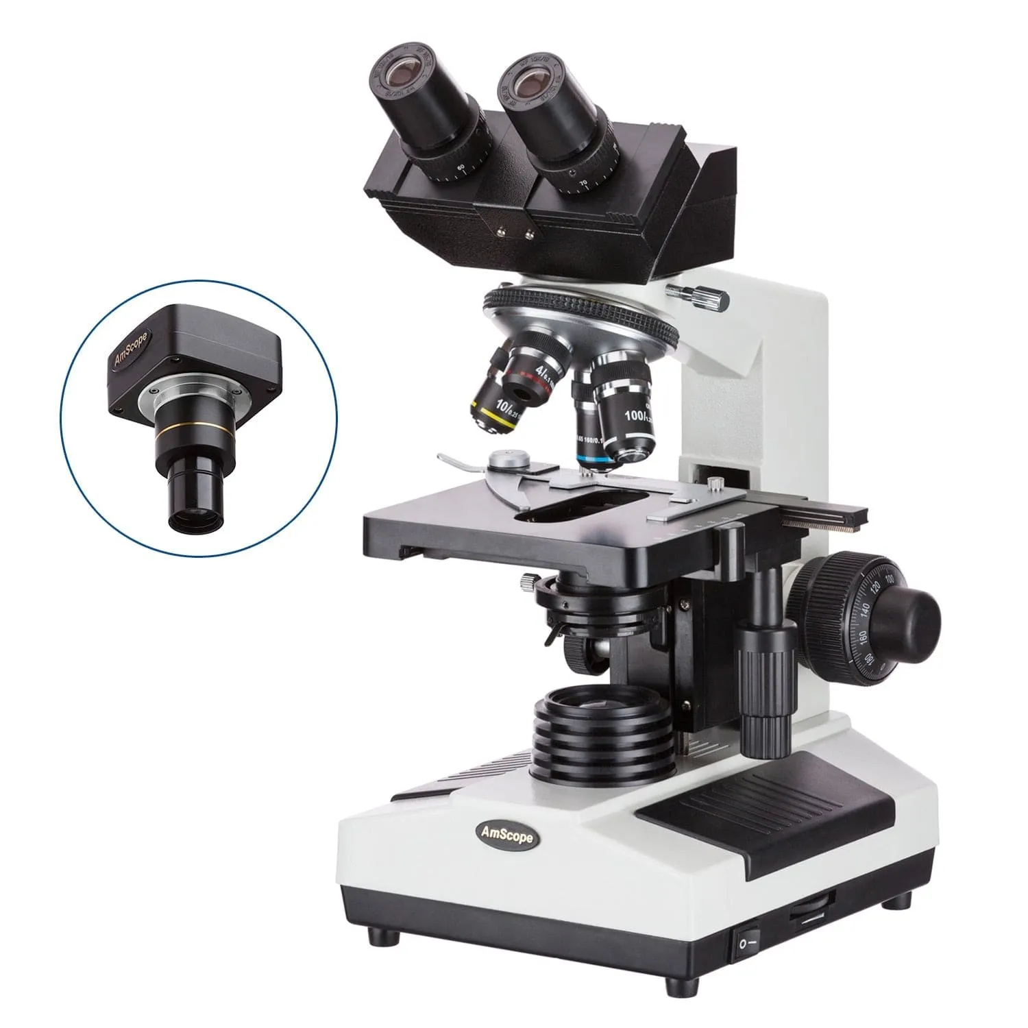 AmScope B390 Series Binocular Compound Microscope with 20W Halogen, 3D Mechanical Stage and Optional Digital Camera