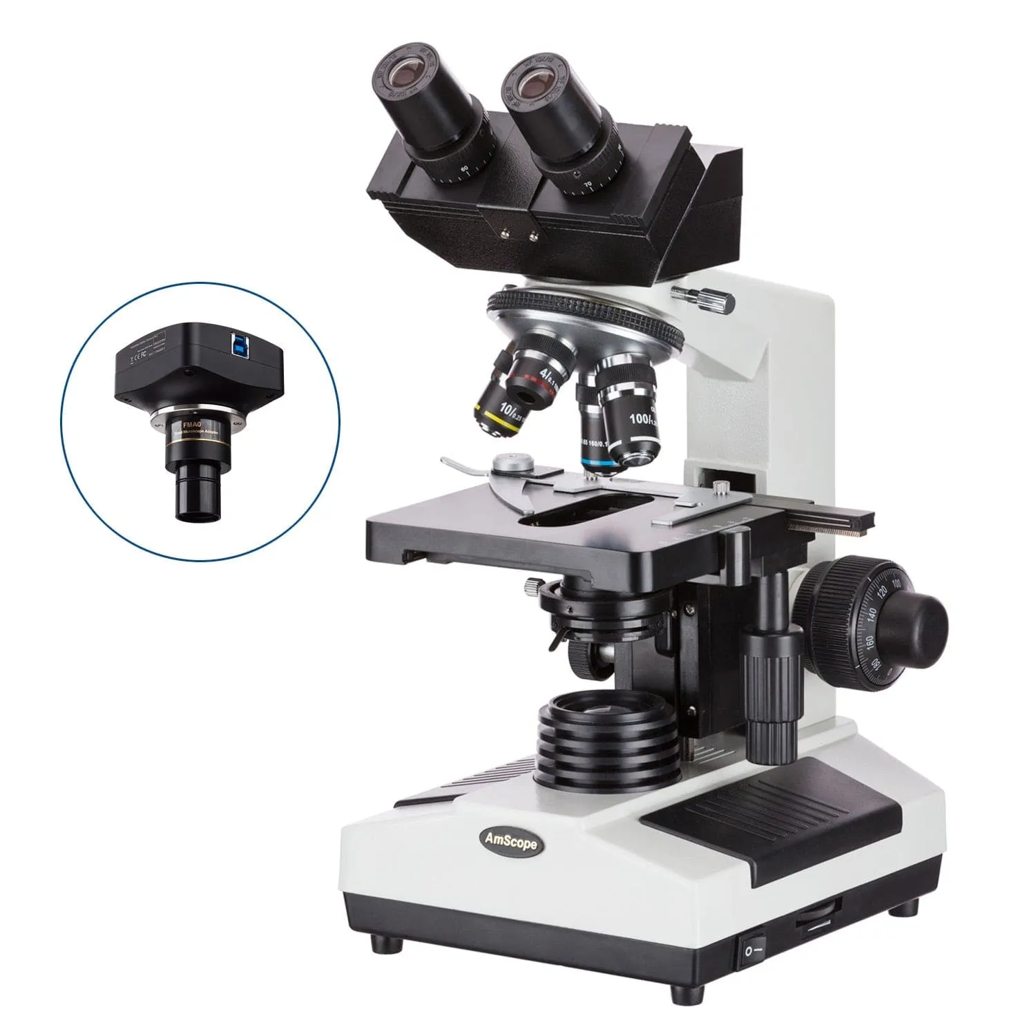 AmScope B390 Series Binocular Compound Microscope with 20W Halogen, 3D Mechanical Stage and Optional Digital Camera