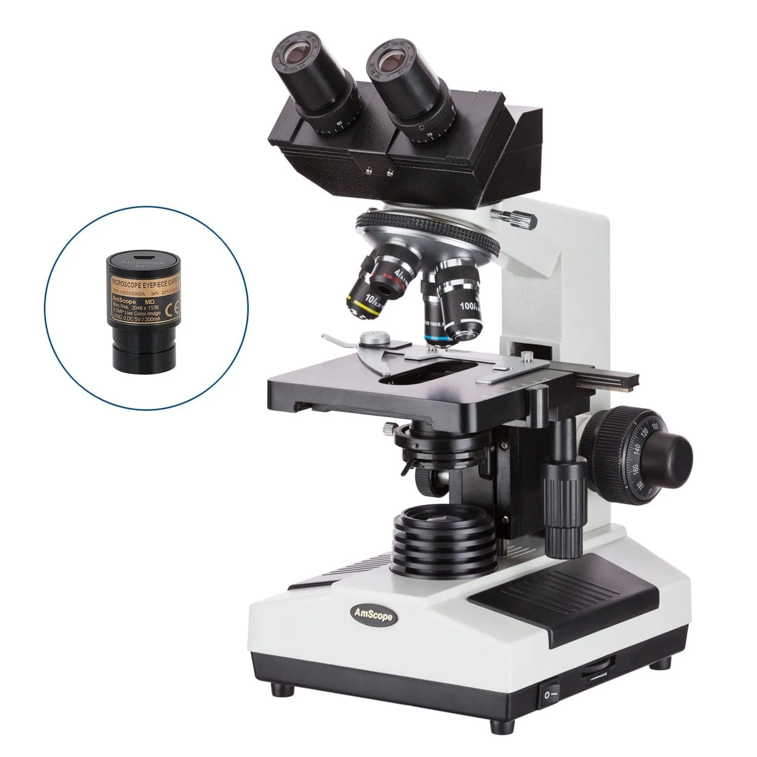 AmScope B390 Series Binocular Compound Microscope with 20W Halogen, 3D Mechanical Stage and Optional Digital Camera