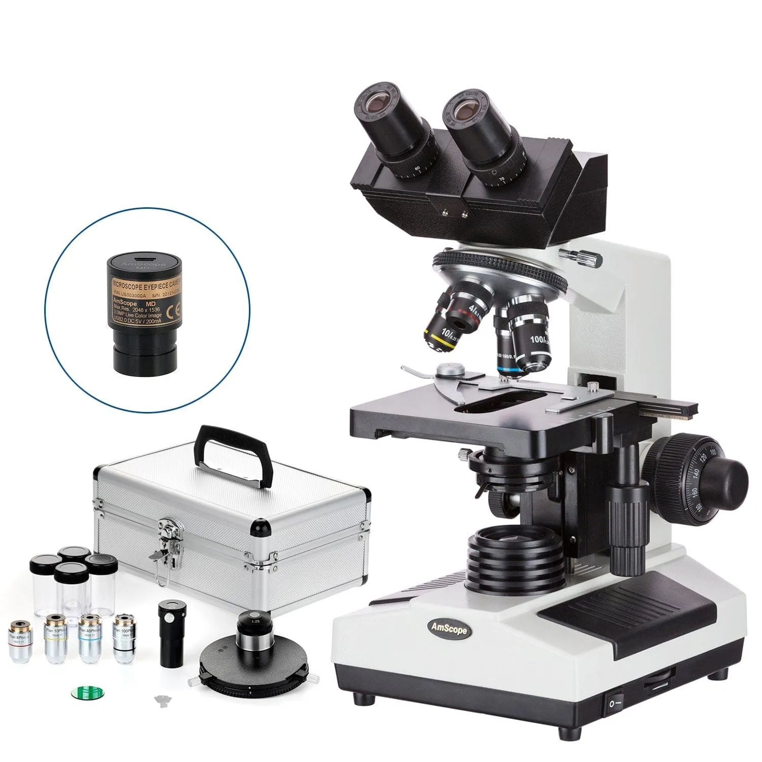 AmScope B390 Series Phase-Contrast Biological Binocular Compound Microscope with 20W Halogen, Turret Condenser, 3D Mechanical Stage and Optional Digital Camera