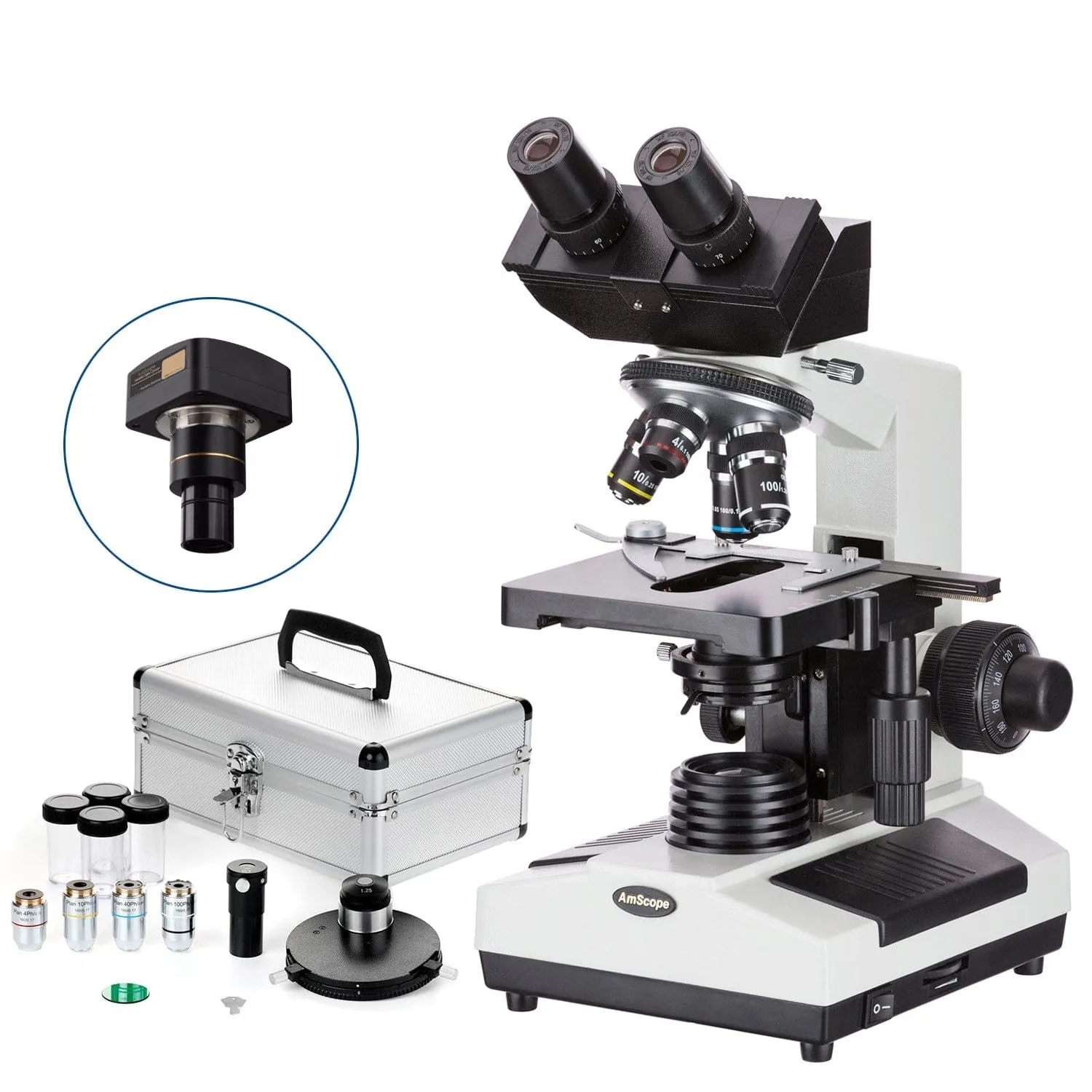 AmScope B390 Series Phase-Contrast Biological Binocular Compound Microscope with 20W Halogen, Turret Condenser, 3D Mechanical Stage and Optional Digital Camera