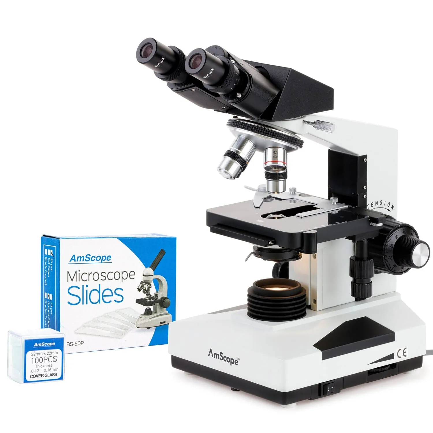 AmScope B490 Series Binocular Compound Microscope 40X-2000X Magnification with 50 Slides and 100 Coverslips