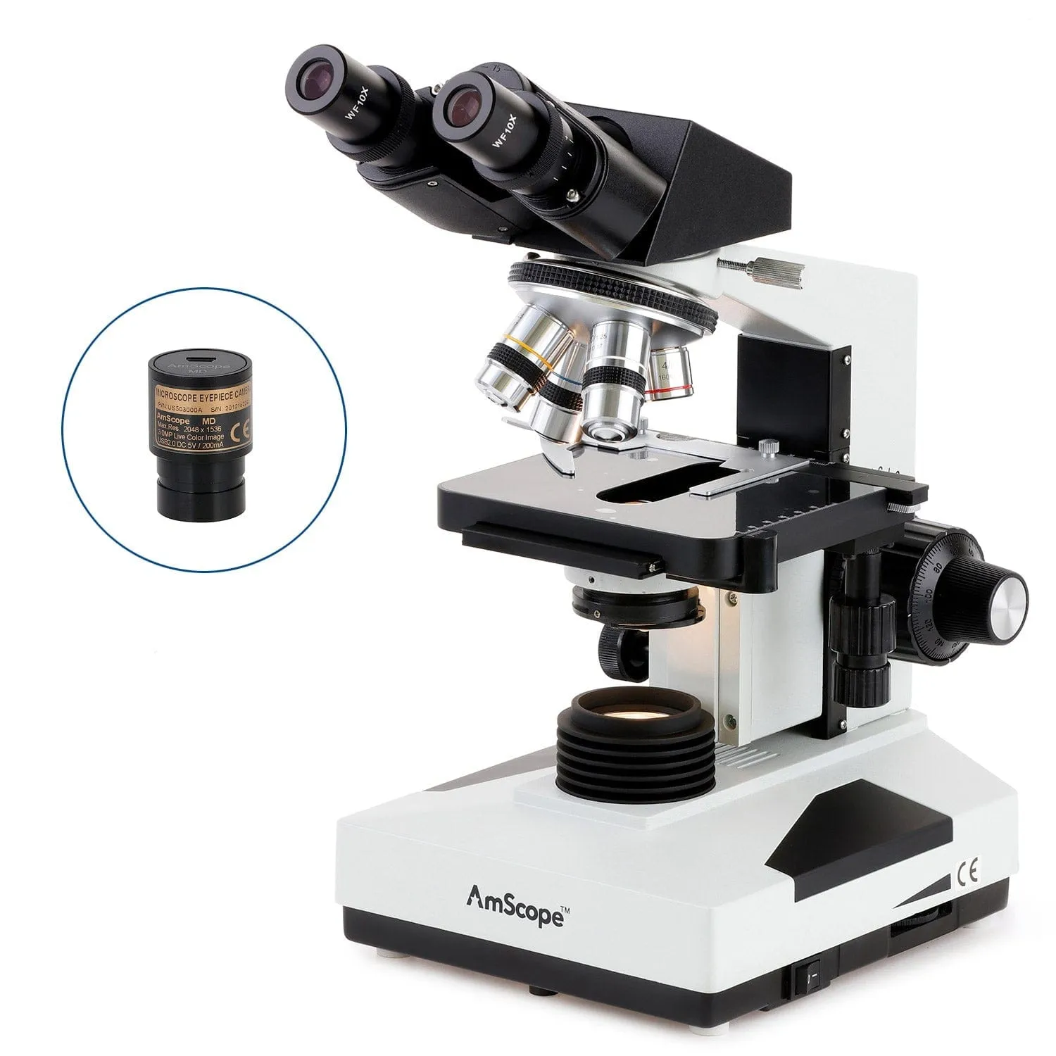 AmScope B490 Series Professional Biological Binocular Compound Microscope With 20W Halogen, 3D Mechanical Stage and Optional Digital Camera