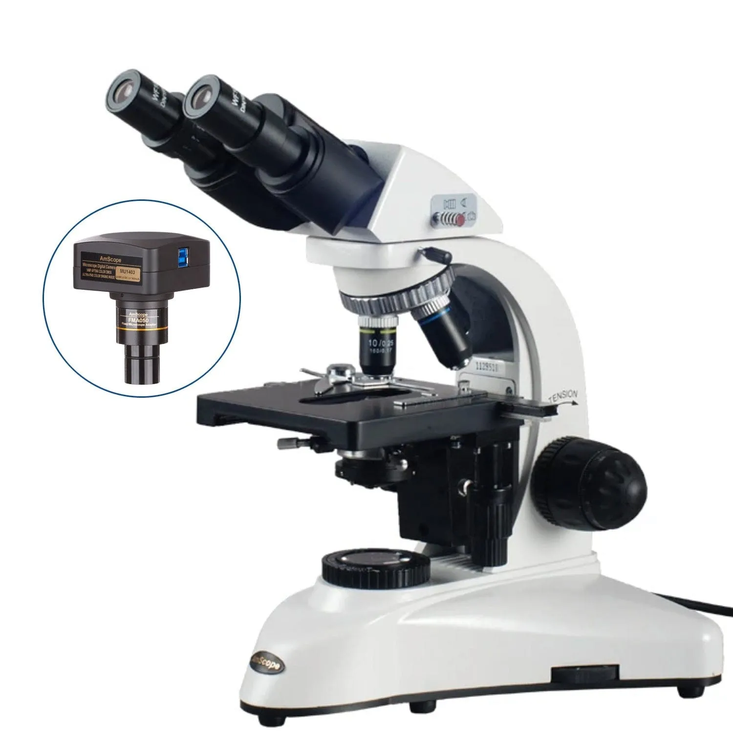 AmScope B530 Series Binocular Compound Microscope with 20W Halogen Kohler Illumination, 3D Mechanical Stage and Optional Digital Camera