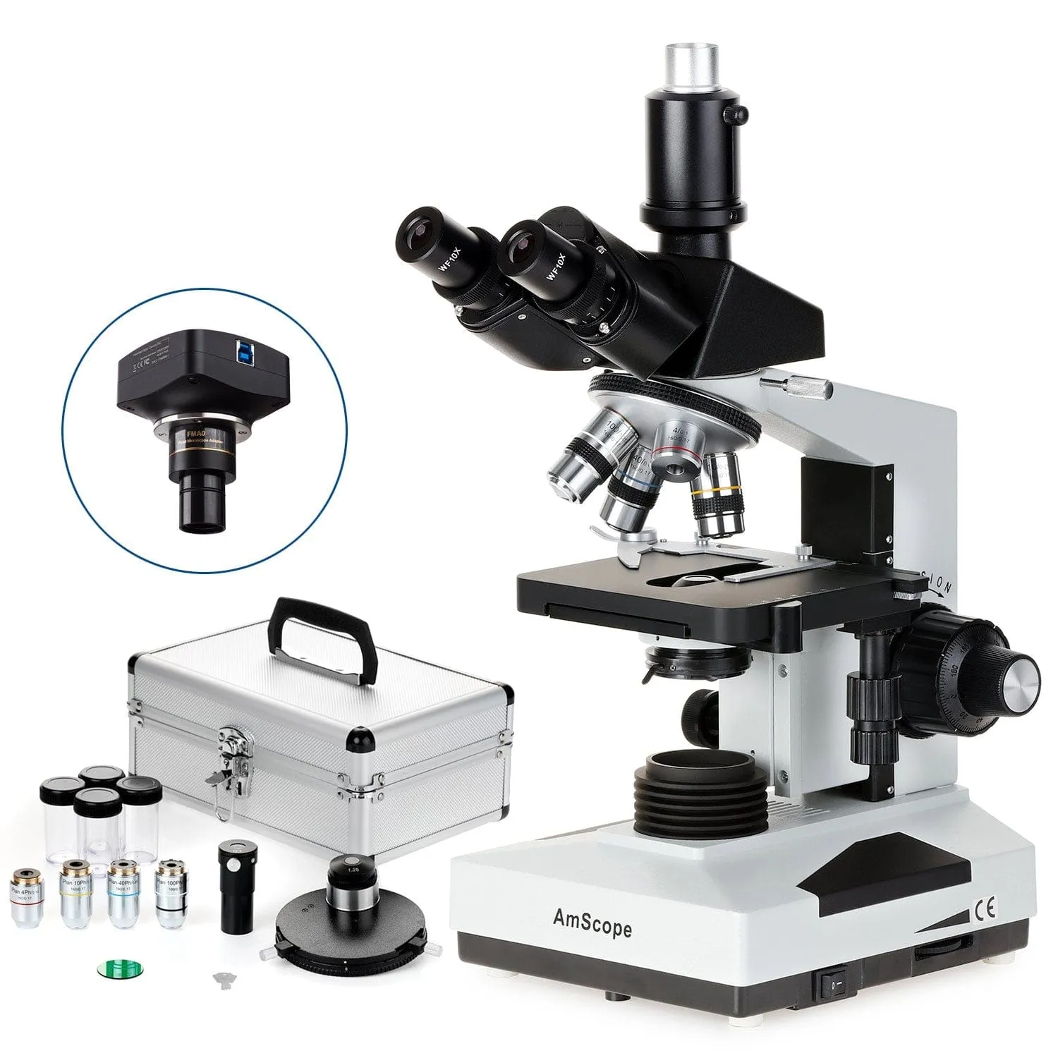 AmScope T490 Series Phase-Contrast Simul-Focal Trinocular Compound Microscope with 20W Halogen, Turret Condenser, 3D Mechanical Stage and Digital Camera