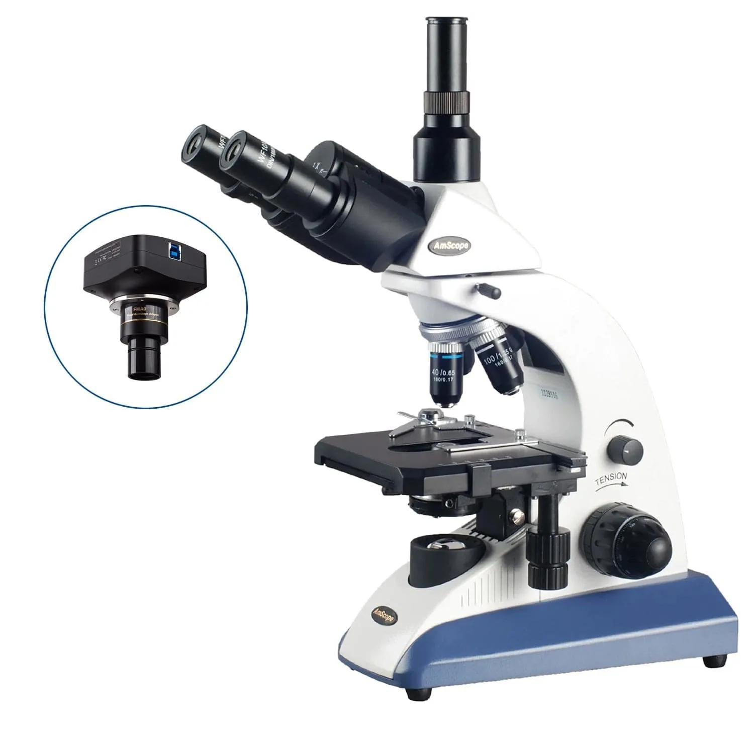 AmScope T520 Series Biological Trinocular Compound Microscope with 20W Halogen, 3D Mechanical Stage and Optional Digital Camera