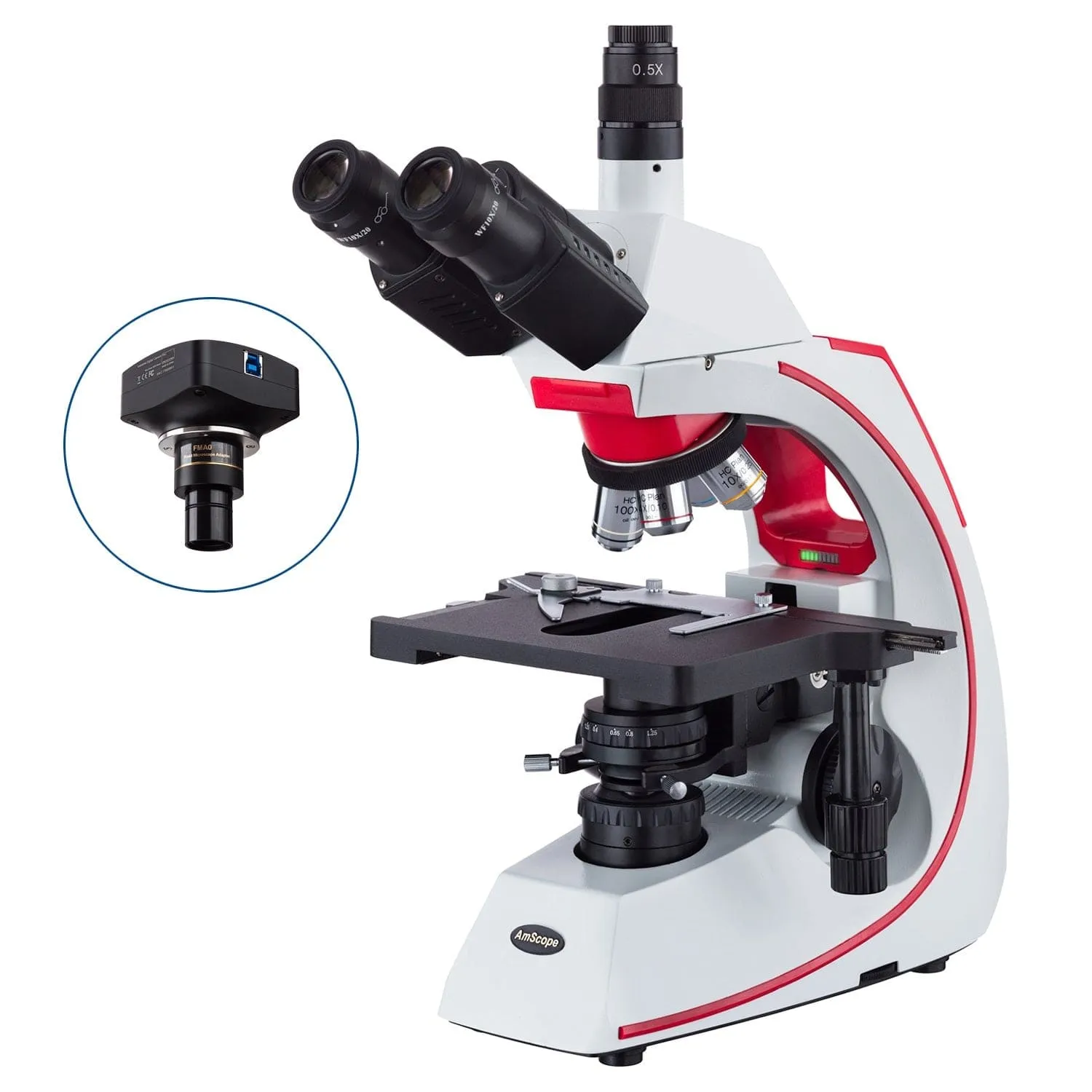 AmScope T620 Series Simul-Focal Trinocular Compound Microscope with 3W LED Kohler Illumination, 3D Mechanical Stage and Optional Digital Camera