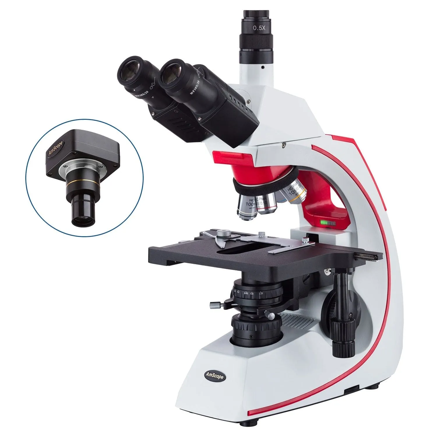 AmScope T620 Series Simul-Focal Trinocular Compound Microscope with 3W LED Kohler Illumination, 3D Mechanical Stage and Optional Digital Camera