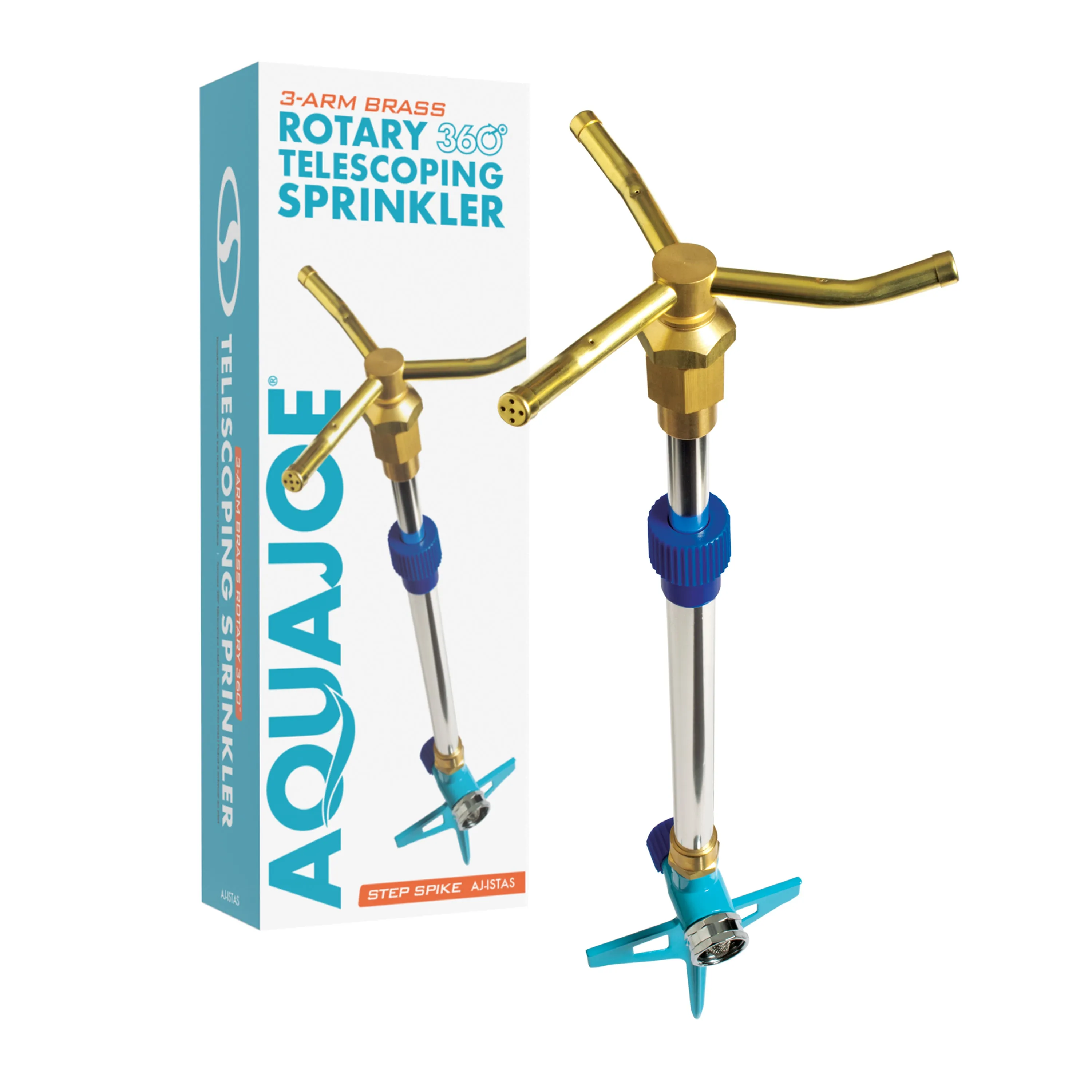 Aqua Joe AJ-ISTAS 3-Arm Brass Rotary 360-Degree Telescoping Sprinkler | 1390 Sq. Ft. Max Coverage