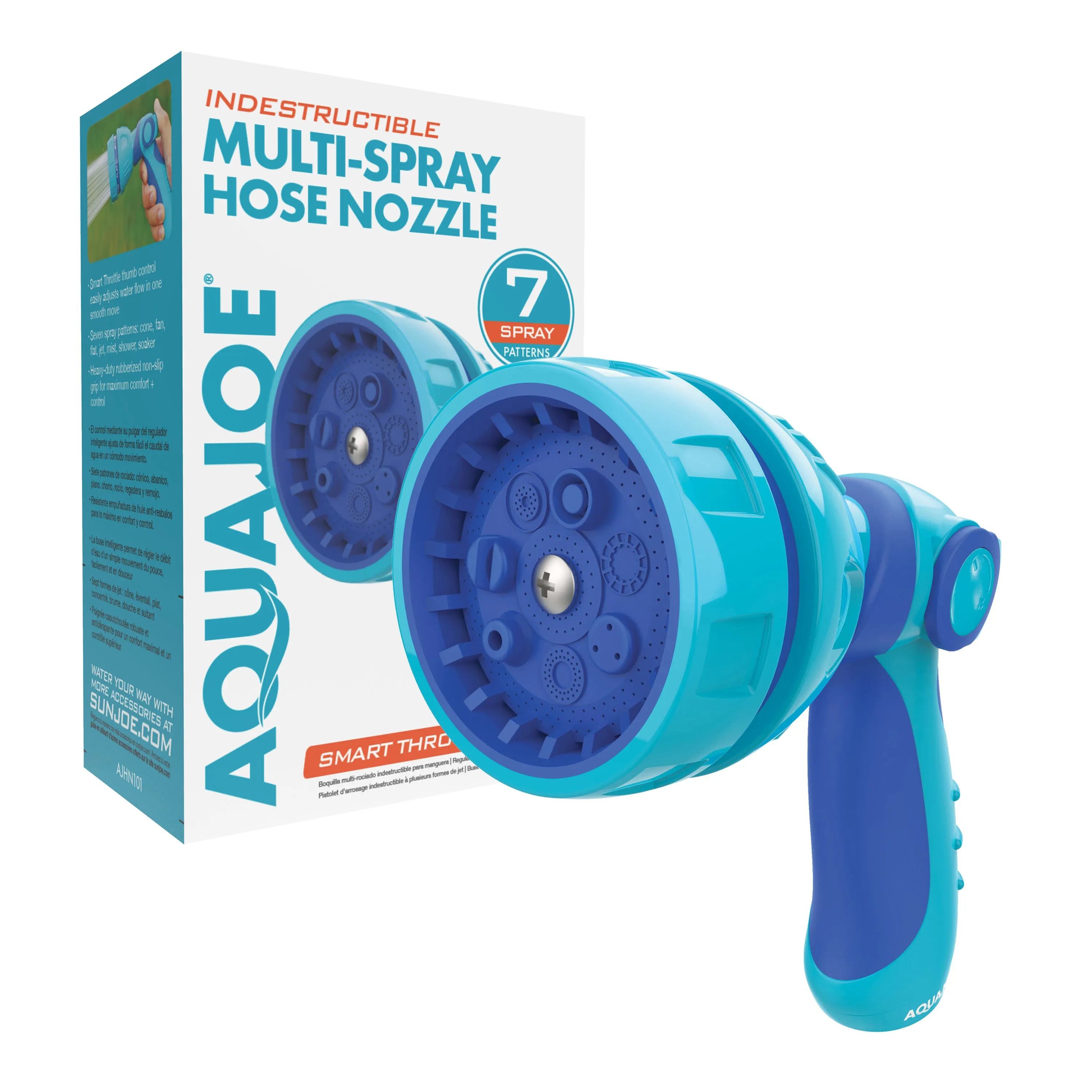 Aqua Joe AJHN101 Indestructible Series Non-Slip Grip Hose Nozzle | W/ Thumb Control & One Touch Smart Throttle | 7-Spray Patterns