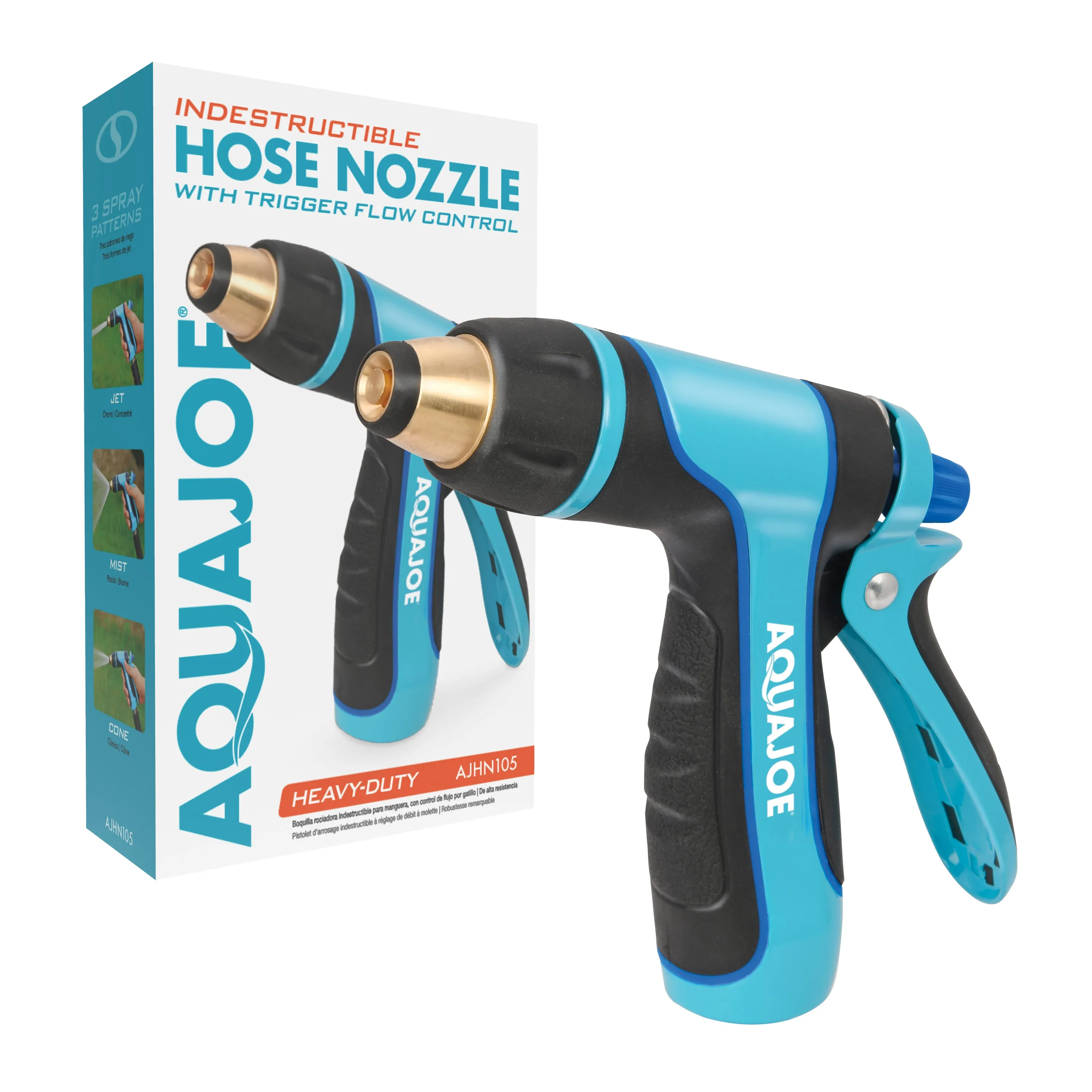 Aqua Joe AJHN105 Indestructible Multi-Function Adjustable Hose Nozzle | Trigger Flow Control | 3 Selectable Settings