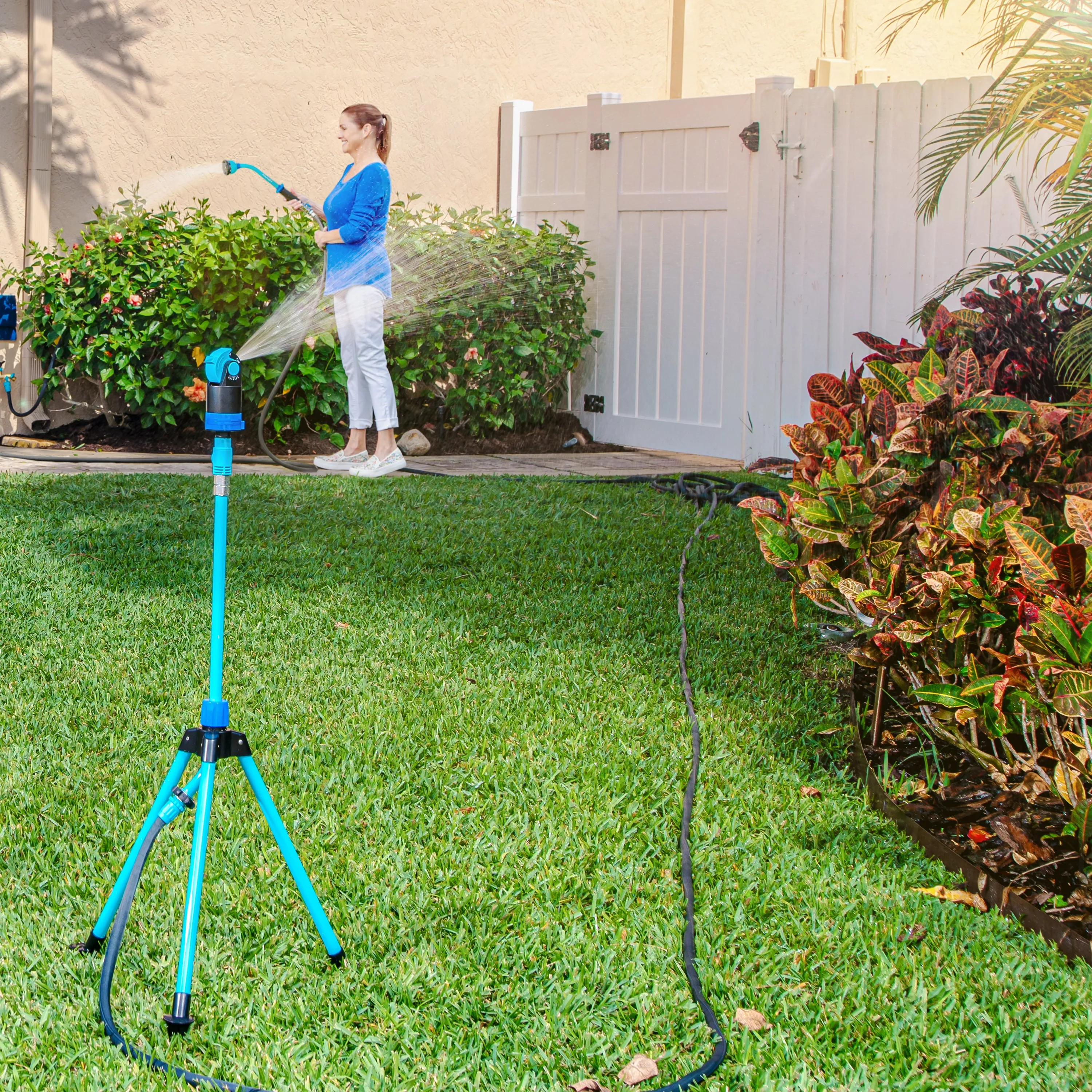 Aqua Joe Indestructible Watering Bundle | Includes Heavy Duty Stainless Steel Hose, Indestructible Multi-Function Nozzle, and Indestructible Tripod Sprinkler