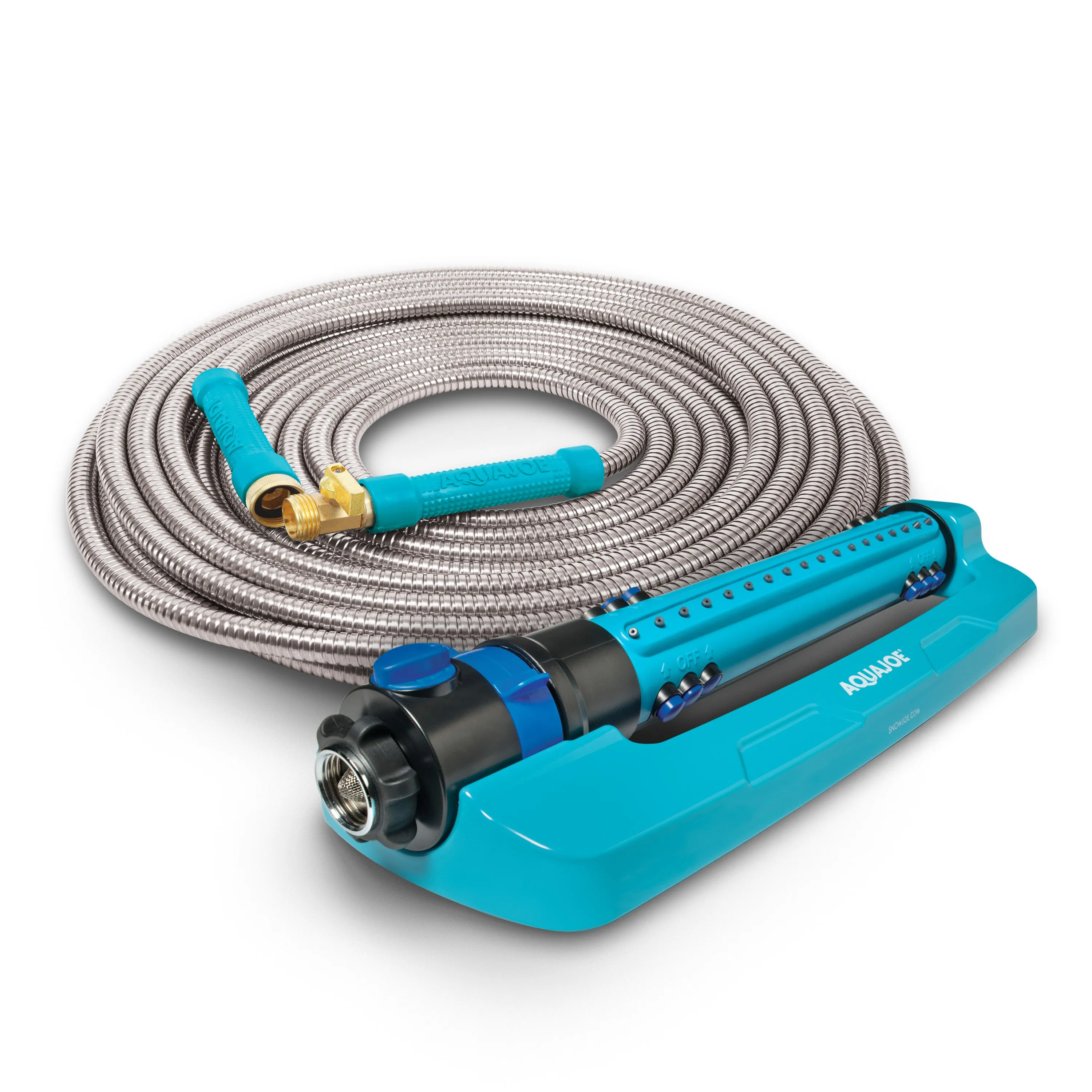 Aqua Joe Metal Garden Hose and Sprinkler Bundle |  50ft Metal Garden Hose   Oscillating Sprinkler