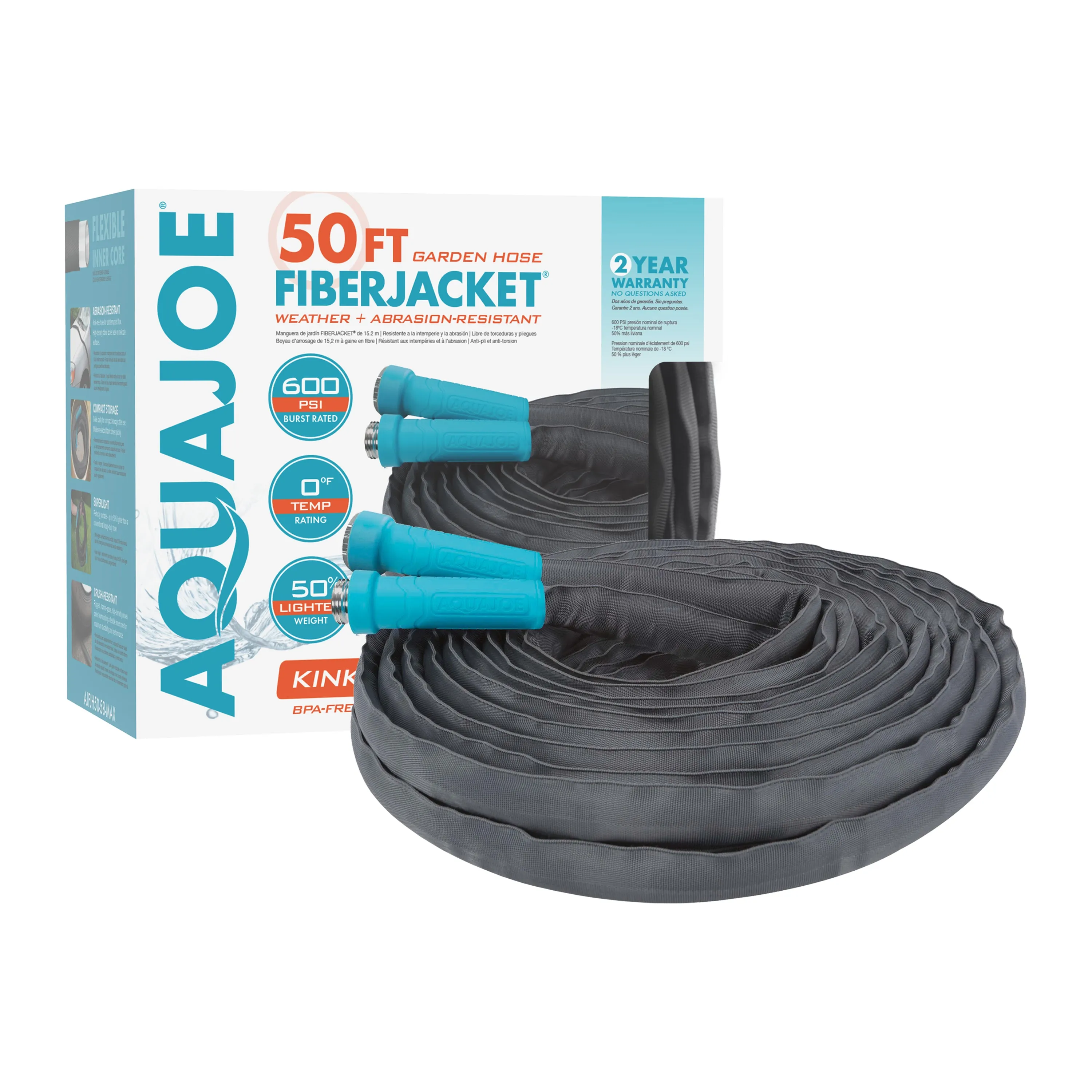 Aqua Joe Pistol Grip Hose Nozzle Bundle | Includes 50ft Fiberjacket Hose   2-Pack Full Metal Hose Nozzles