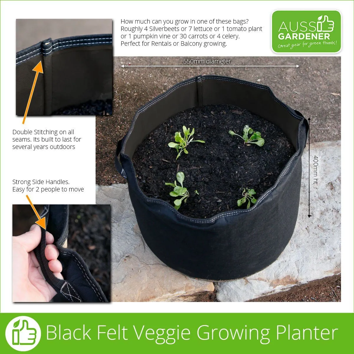 Aussie Gardener Black GeoFelt Veggie Growing Planter with Handles 550mmx400mm