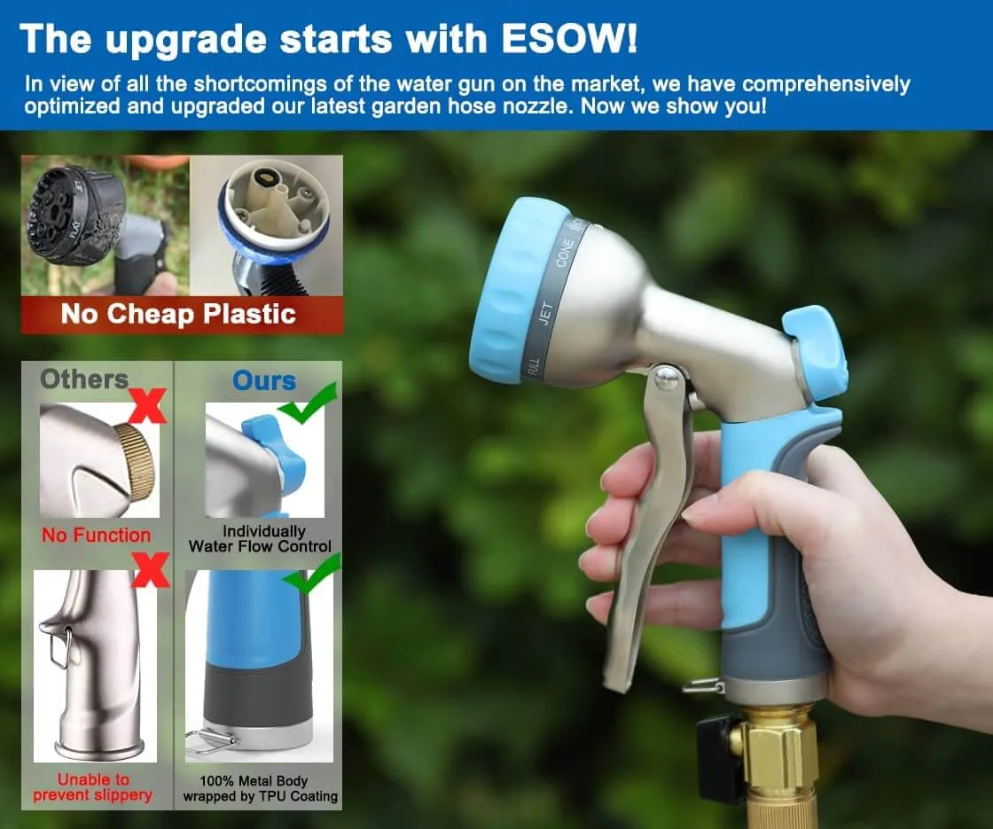 ESOW Garden Hose Nozzle Heavy Duty, 8 Adjustable Patterns Metal Water Hose Nozzle, High Pressure Hand Sprayer with Flow Control, Best for Watering Plant & Lawn, Pets Shower, Car Washing, Sky Blue