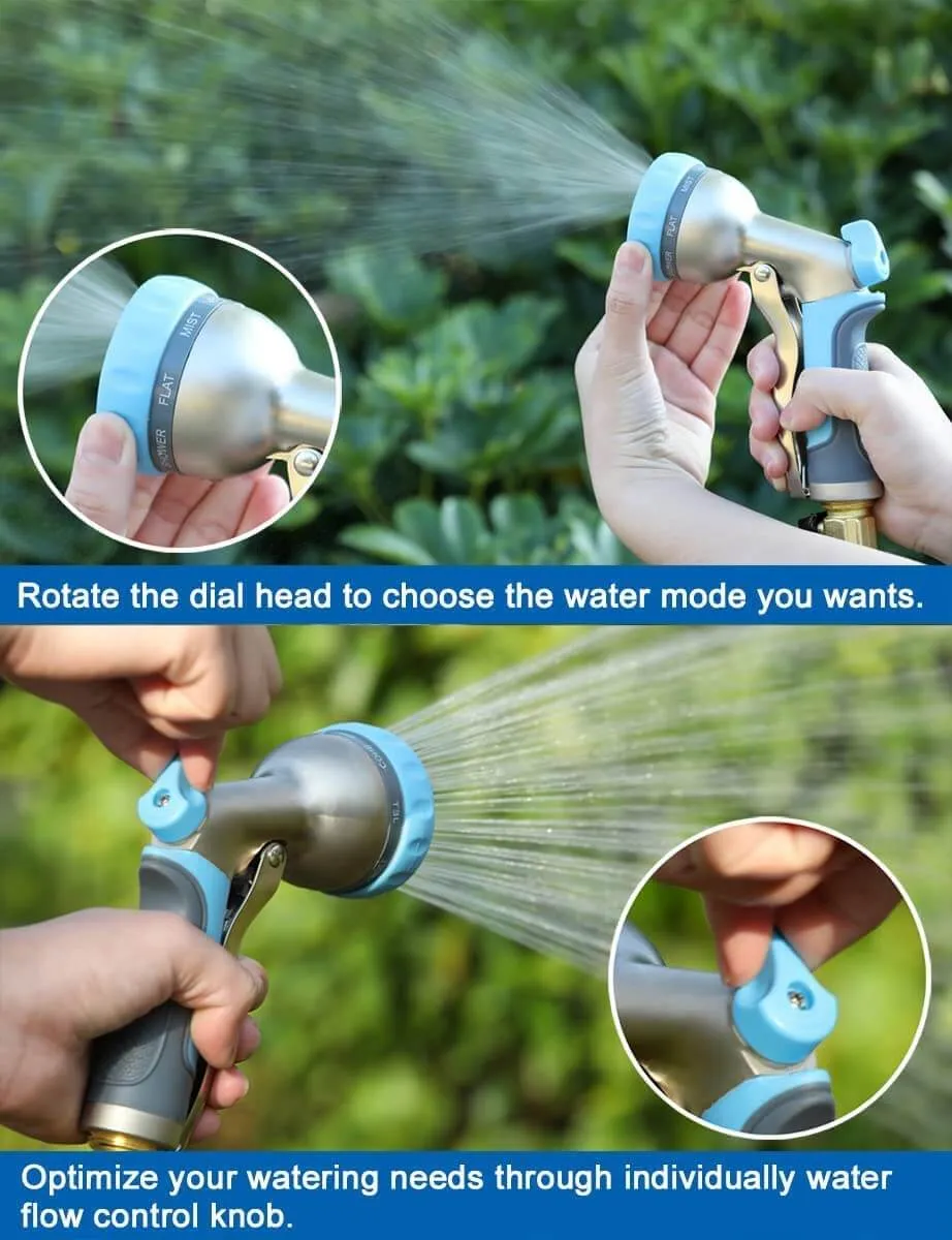 ESOW Garden Hose Nozzle Heavy Duty, 8 Adjustable Patterns Metal Water Hose Nozzle, High Pressure Hand Sprayer with Flow Control, Best for Watering Plant & Lawn, Pets Shower, Car Washing, Sky Blue