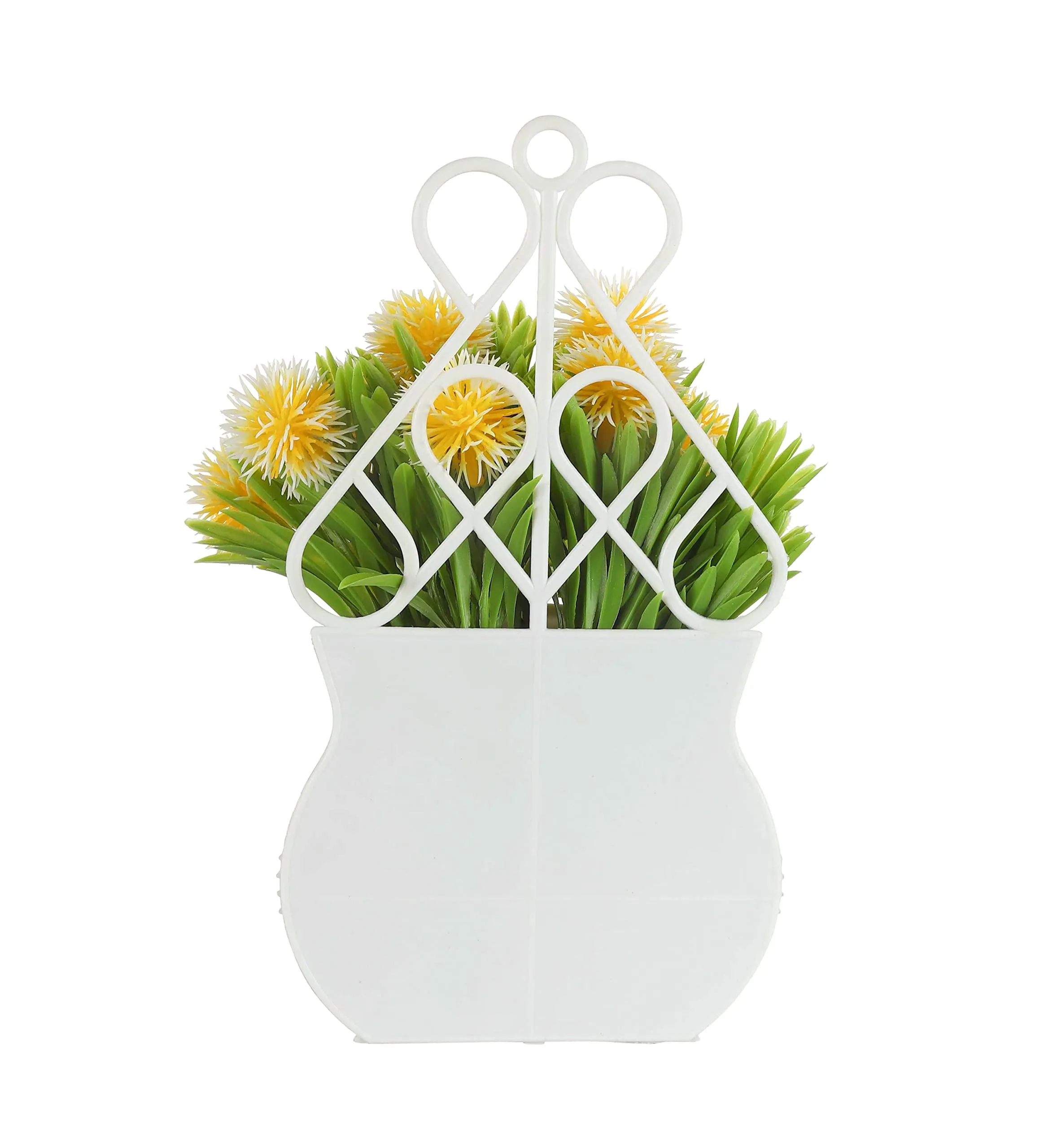 Foliyaj Plastic Wall Plant for Office & Home Decoration | Indoor Wall Mounted Planters | Hanging Planters for Living Room | Wall Hanging with Yellow Flower Bush | White, Height 25 CM x Width 14 CM