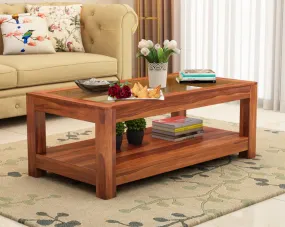 Furniseworlds Sheesham Wood Coffee Table with Glass Top Multipurpose Tea Table Wooden Centre Table for Living Room Home and Office (Honey Finish)