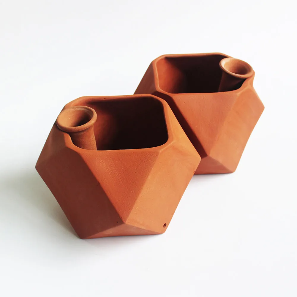 Handcrafted Terracotta D'MOND-1 Planter with Deep Root Watering System (Set of 2)