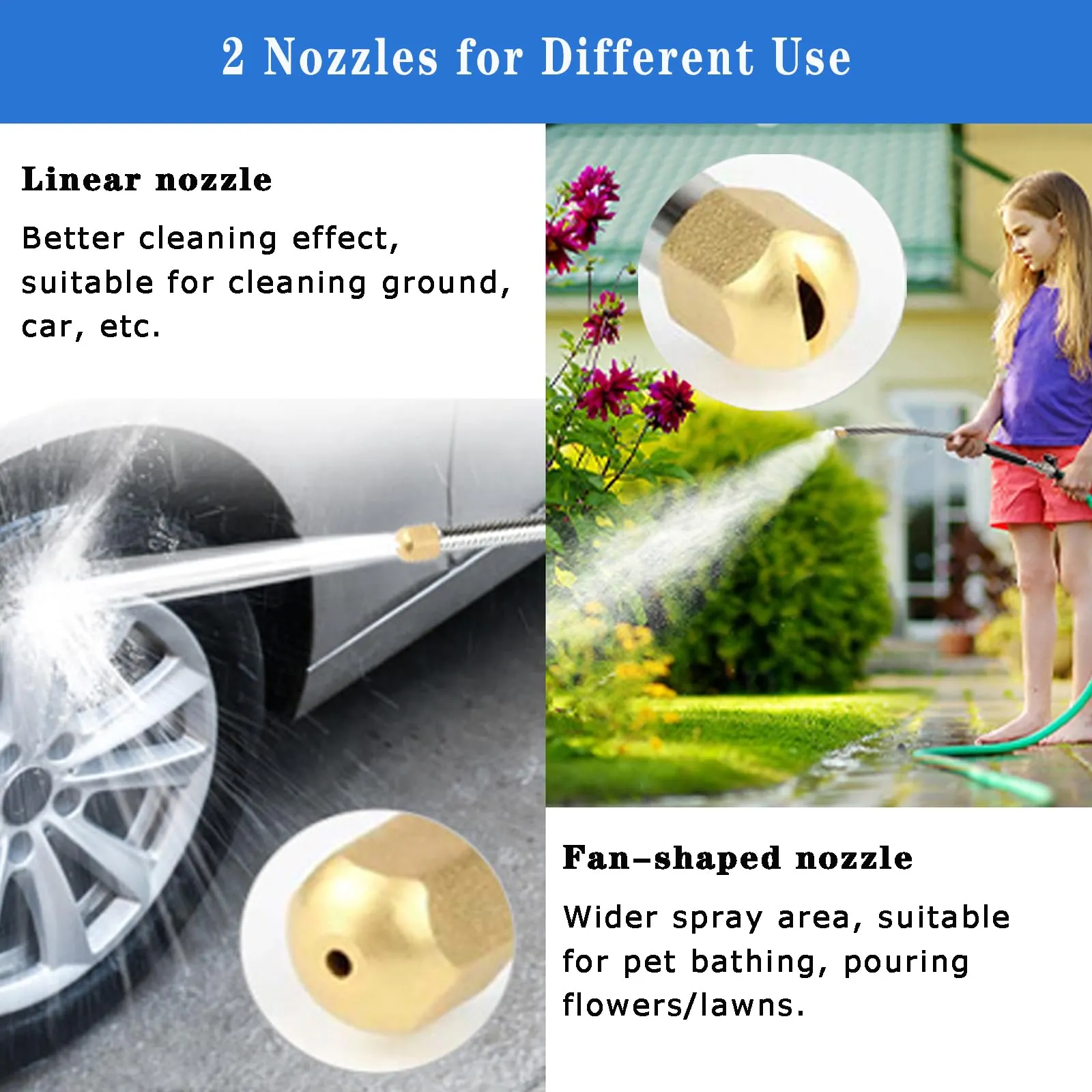 Jet Nozzle Power Washer for Garden Hose Hydro Jet Nozzle 2-in-1 High Pressure Washer Tools with 2 Different Nozzles and Hose Quick Connectors(Black)