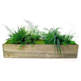 Large Wooden Planter Box with Preserved Moss and Ferns - No Watering