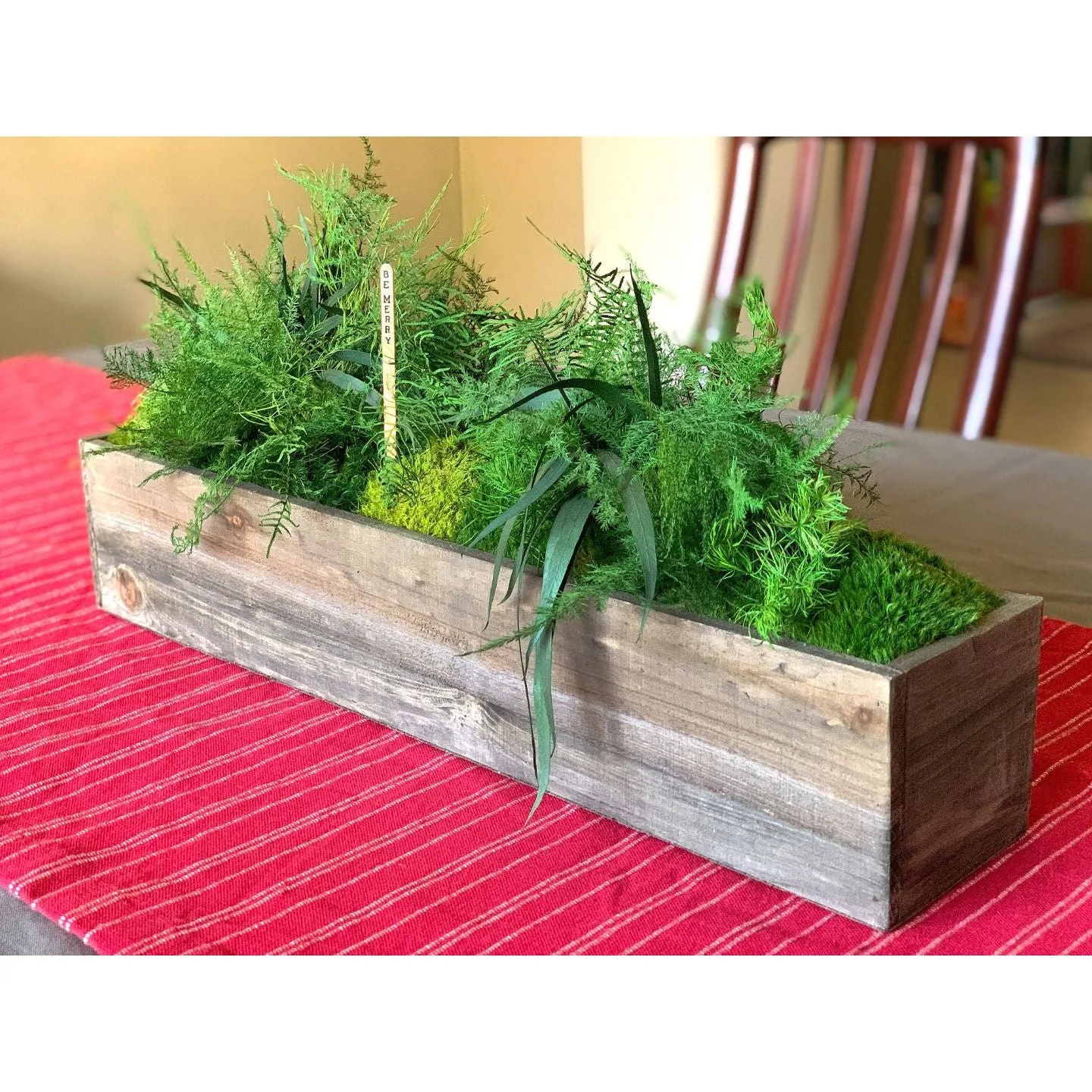 Large Wooden Planter Box with Preserved Moss and Ferns - No Watering