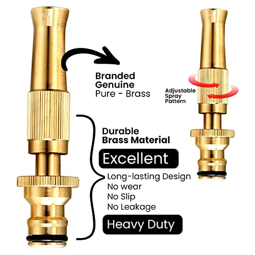 Oriley Pure Brass Water Spray Gun Nozzle Heavy Duty Suitable for 1/2" Hose Pipe Jet Adjustable Pressure Washer for Car Gardening Pets Window & Plants Washing (Brass, 1 Nozzle & Removable Connector)